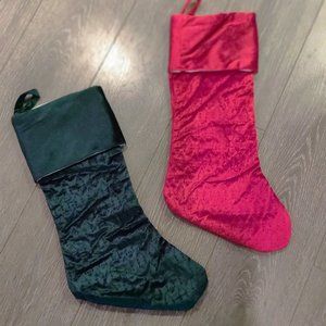 Set of 2 Vintage Velvet Allover Tree Pattern Red & Green Christmas Stockings